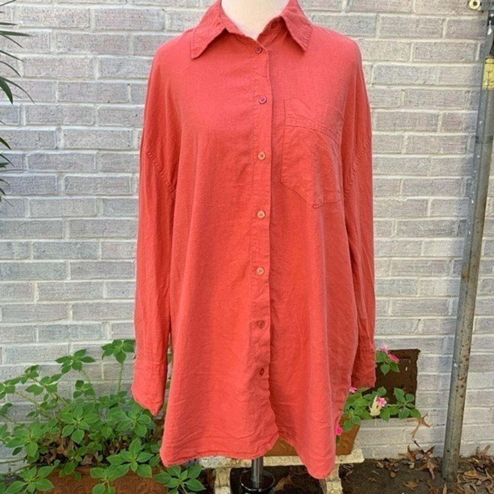 Zara orange linen oversized button down shirt XS